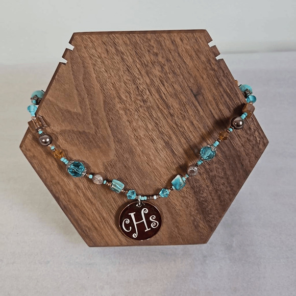 Beaded Turquoise And Brown Necklace Monogram CHS Fashion Jewelry Highschool - Picture 1 of 4